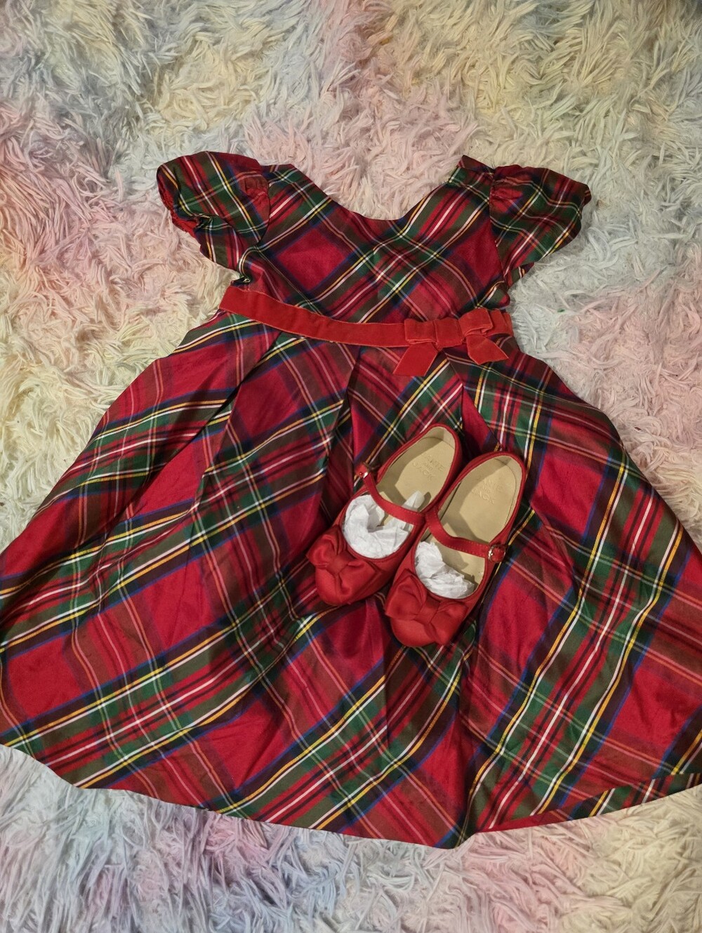 Girls Red Plaid Mary Jane Dress Shoes Set